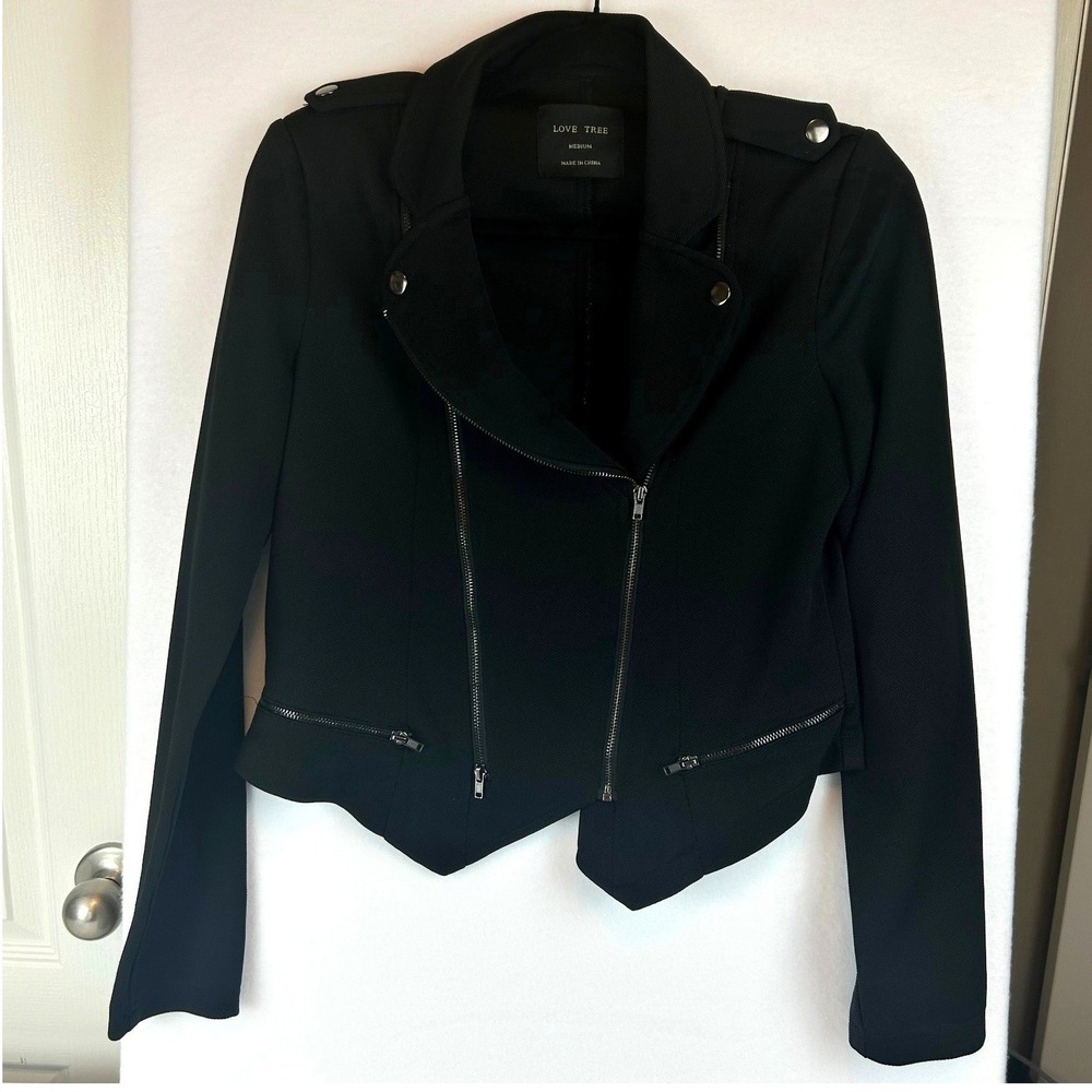 Love Tree Womens Black Textured Asymmetrical Zip Moto‎ Biker Jacket Medium